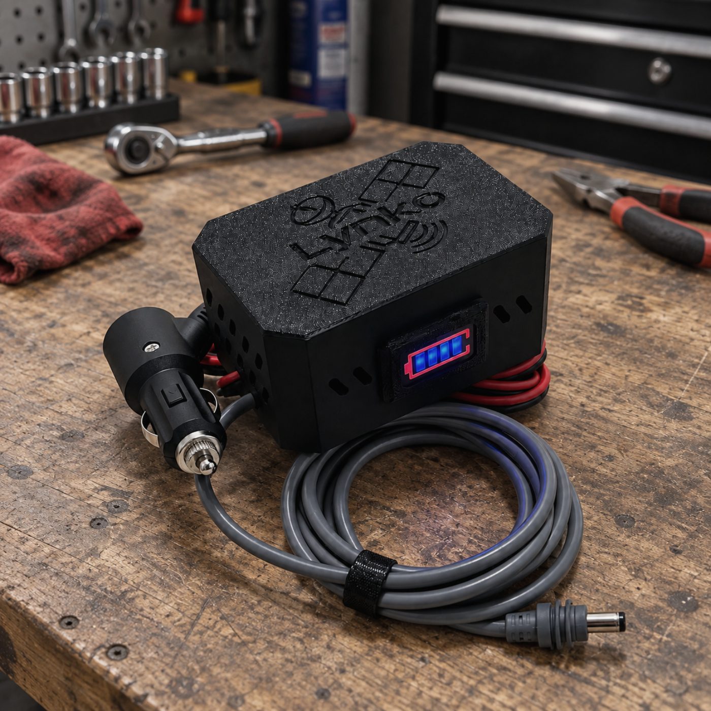 Fonte com bateria integrada Lynko sobre bancada de oficina, com plugue de acendedor e cabo para a Starlink Mini